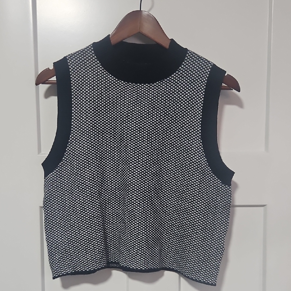 Rachel Zoe Black White Sleeveless Knit Mock Neck Top Size Large